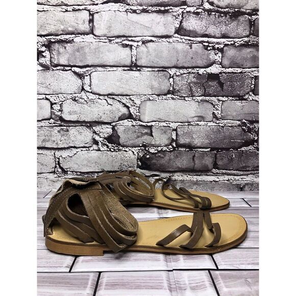 Sundance Taupe Leather Open Strap Back Zip Flats Sandals Women Sz 41EU/10.5M US - Picture 4 of 16